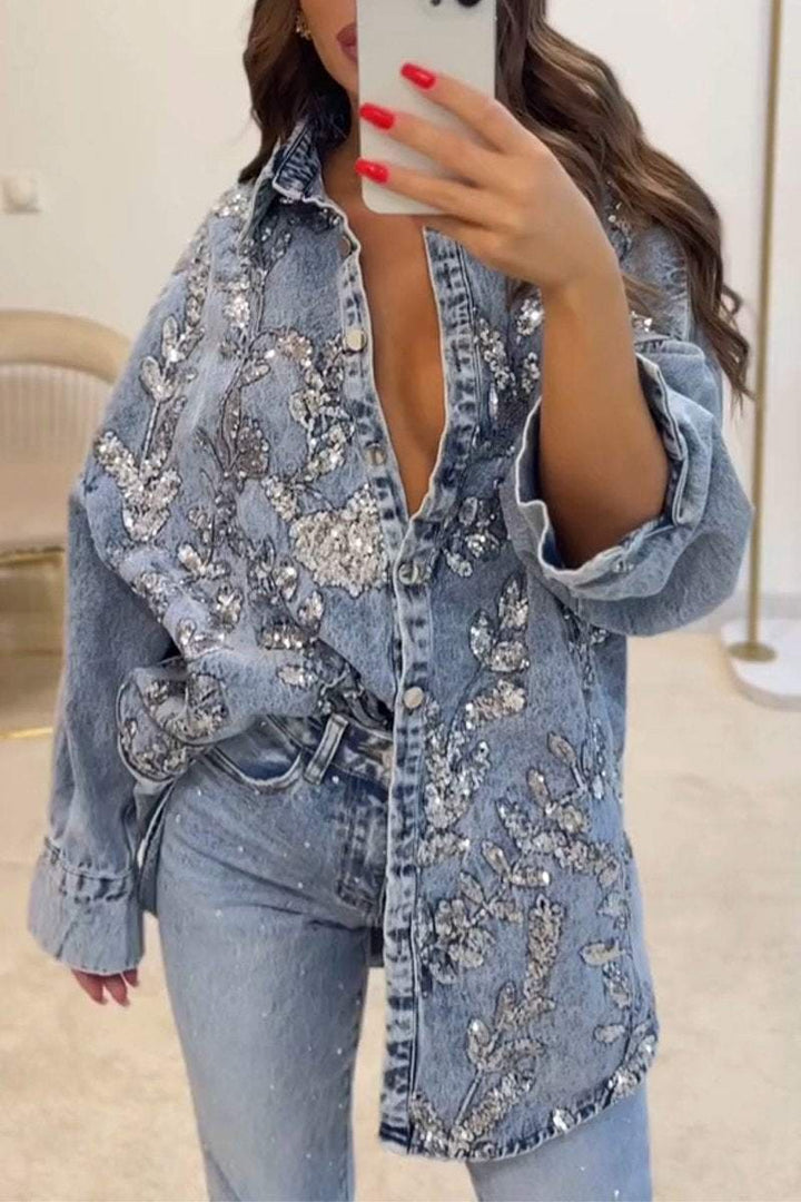 Sparkle Denim | Embroidered Sequin Blouse
