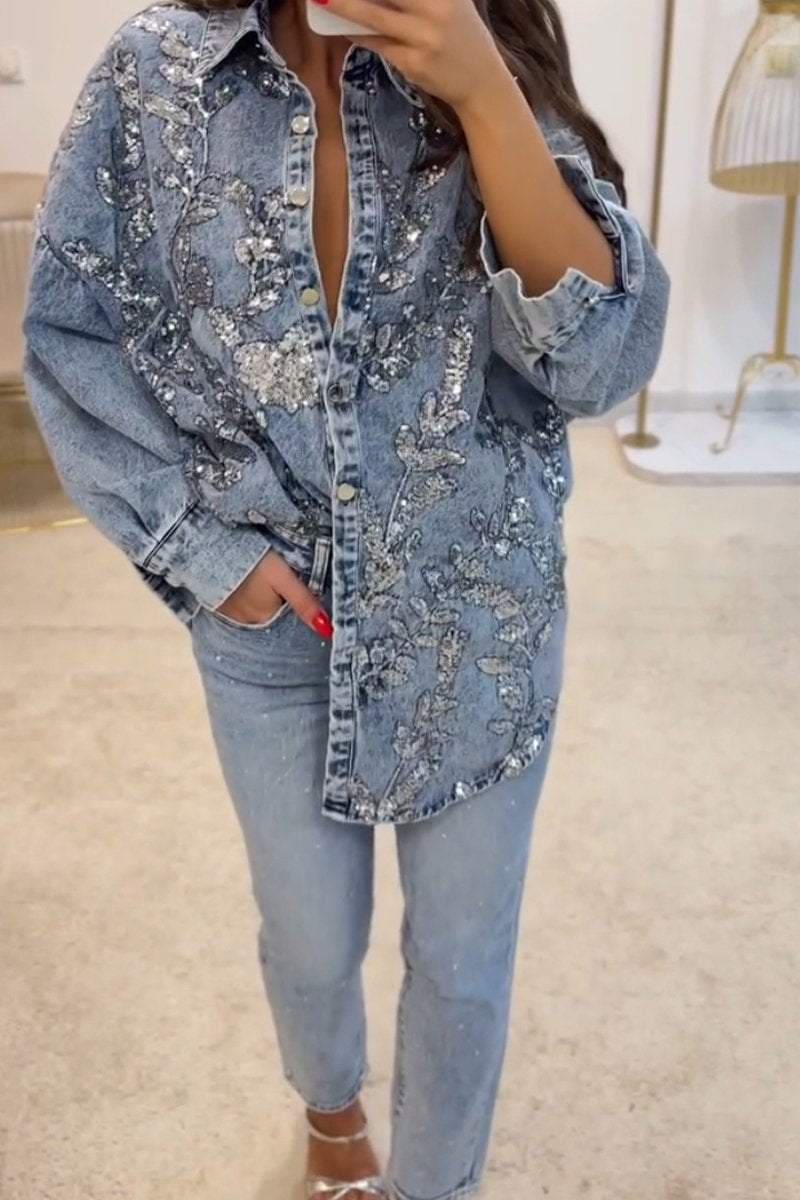 Sparkle Denim | Embroidered Sequin Blouse
