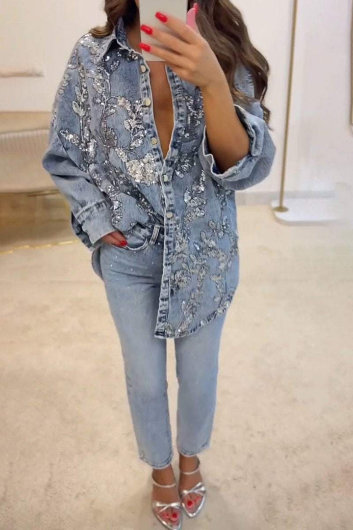 Sparkle Denim | Embroidered Sequin Blouse