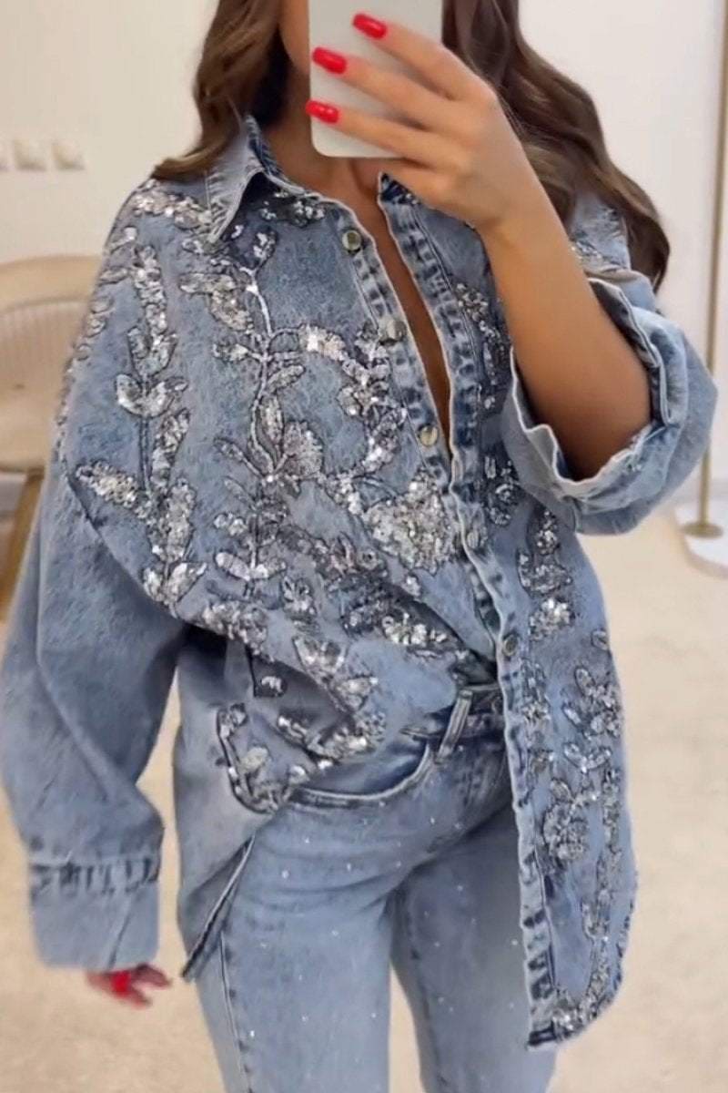 Sparkle Denim | Embroidered Sequin Blouse